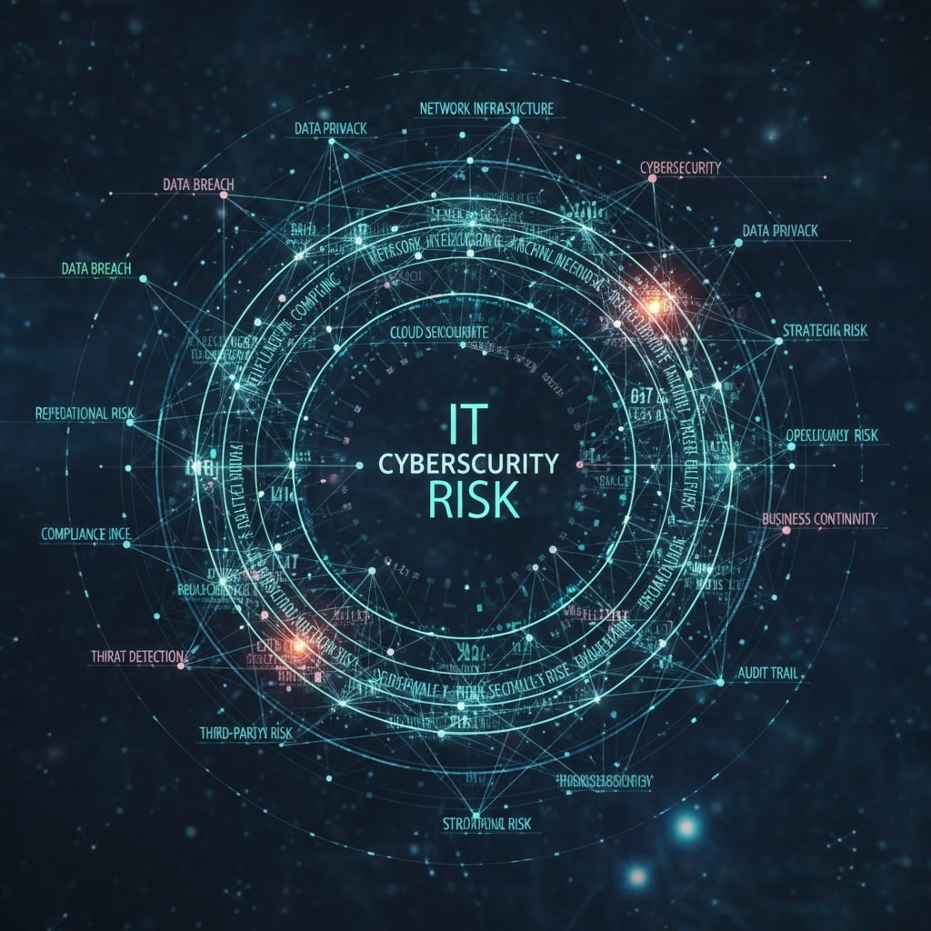 Een digitaal netwerkdiagram met de tekst "IT CYBERSECURITY RISK" in het midden, omringd door diverse beveiligingstermen en verbonden datapunten.