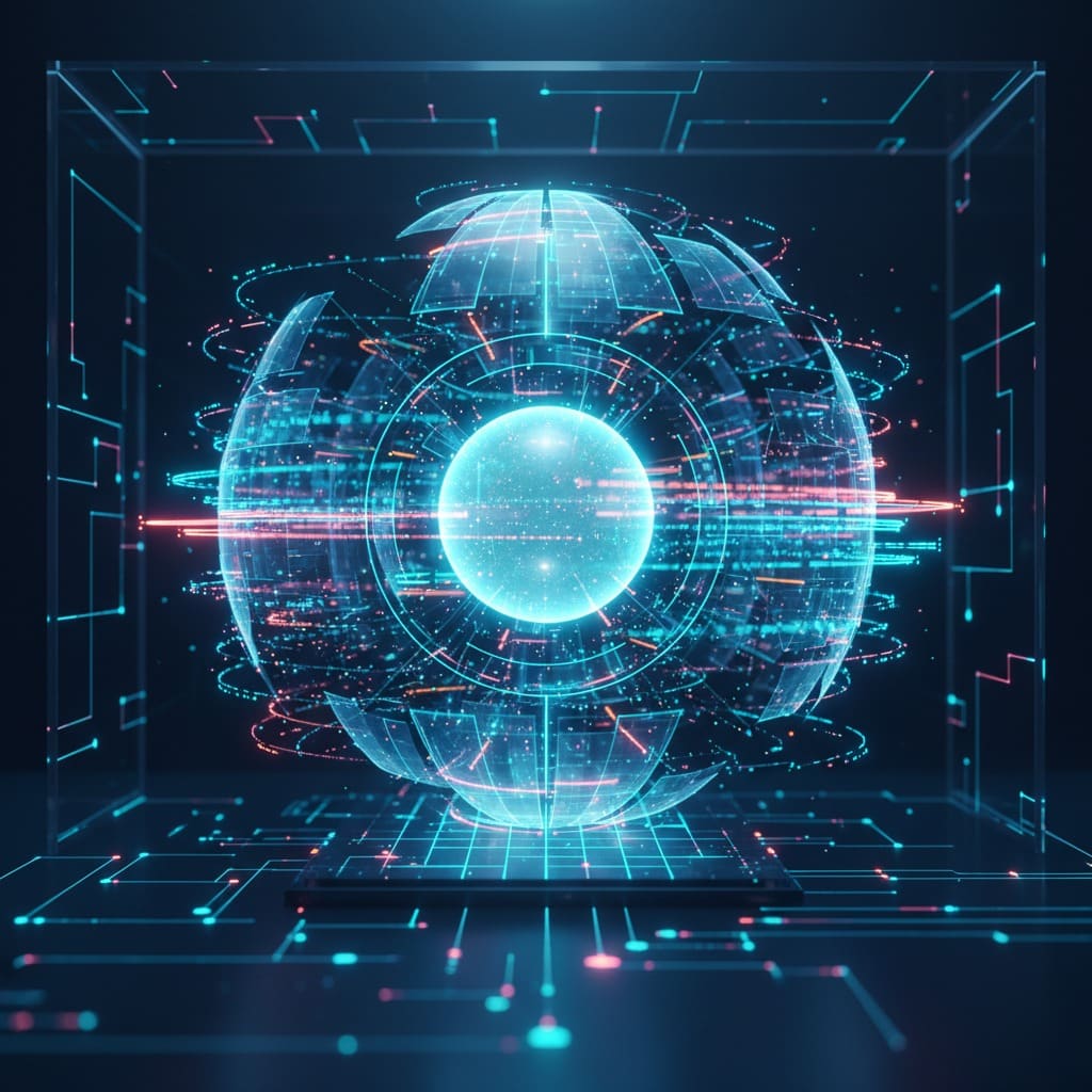 Een abstracte, lichtgevende bol van digitale data en circuits zweeft in een glazen kubus tegen een donkere achtergrond.